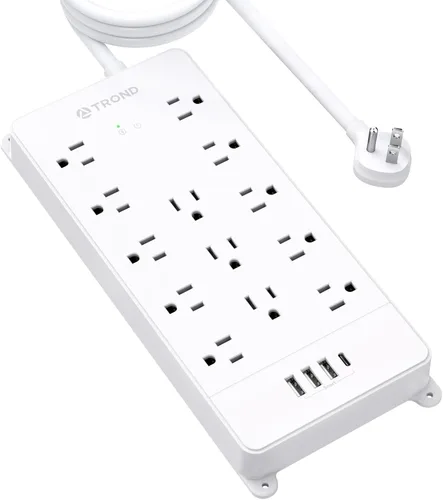 Vista 24 de TROND - Alargador de corriente con enchufe plano giratorio 360°, protector contra sobretensiones, 13 tomas amplias con 3 puertos USB C, 4000 J