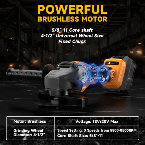 Vista 3 de Amoladora angular inalámbrica para batería Dewalt de 20 V, amoladora sin escobillas ajustable de 3 velocidades con hasta 8500 RPM, amoladora