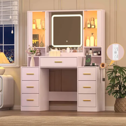 Vista 18 de Escritorio de maquillaje con espejo y luces, tocador negro de 43 pulgadas con parte superior de cristal, almacenamiento de joyas, 3 cajones