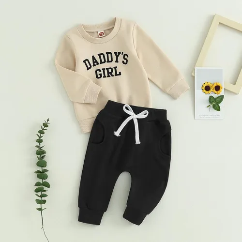 Vista 2 de Daddys - Conjunto de sudadera con cuello redondo y pantalones deportivos para niñas pequeñas para otoño e invierno
