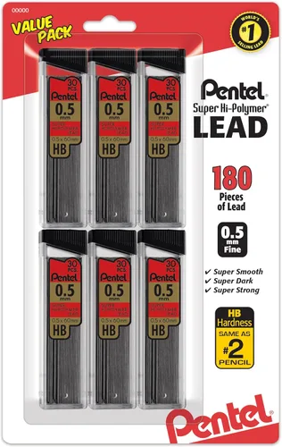 Vista 6 de Pentel Super Hi-Polymer - Recambios de 0.020 in de grosor, HB, 180 piezas de plomo (C25BPHB6), (paquete de 2)