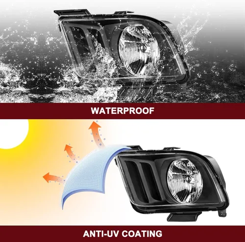 Vista 7 de Conjunto de faros halógenos estilo OE JSBOYAT para Ford Mustang 2005 a 2009 30+ Years Factory Tech, Anti-Fog Waterproof Replacement; Black