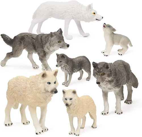 Vista 8 de RESTCLOUD Juego de 7 piezas de figuras de juguete de lobo conjunto de figuras de animales de lobo (Conjunto de lobo A)