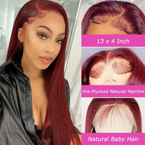 Vista 2 de ULRICA 99J - Pelucas de encaje frontal burdeos de 20 pulgadas, pelucas de cabello humano para mujeres negras 13x4, encaje HD burdeos, peluca de Rojo
