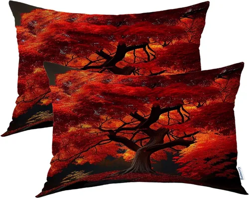 Vista 64 de Batmerry Fundas de almohada de bosque de arce otoñal, casas de sillas de madera, hojas amarillas, fundas de almohada decorativas, impresión digital