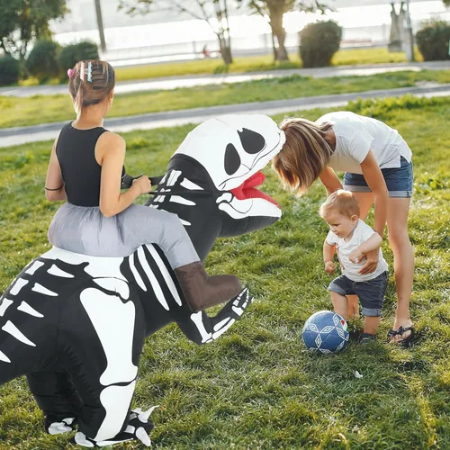Vista 5 de Panitay Disfraz inflable de dragón inflable, disfraz inflable de Raptor que brilla en la oscuridad, disfraz de dinosaurio inflable de esqueleto