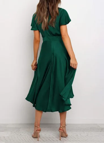 Vista 5 de miduo - Vestido largo de satén con cuello en V, volantes, manga corta, lazo frontal, cintura alta, longitud por debajo de la rodilla y acampanado