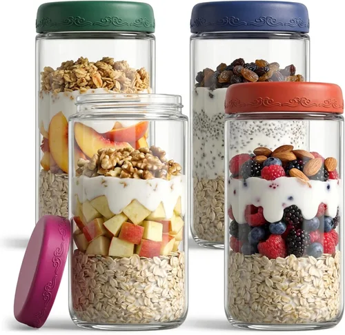 Vista 17 de Paquete de 4 de 10 OZ, Frascos para Avena Nocturna con Tapas, Recipientes de Vidrio para Preparación de Comidas, Frascos Mason Herméticos