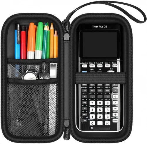 Vista 9 de PAIYULE - Funda para calculadora TI-84 83 Plus CE, EVO, TI-Nspire CX II, color negro Hard shell calculator case, zip mesh pocket, elastic strap