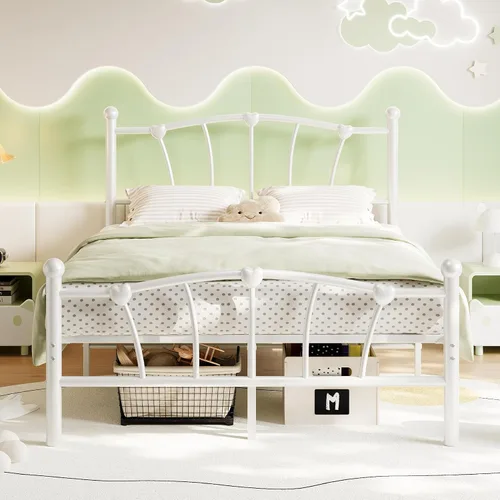 Vista 8 de GarveeHome Marco de cama de tamaño individual, marco de cama de metal en forma de corazón con cabecera y estribo, marco de cama de plataforma