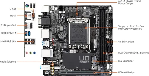 Vista 5 de GIGABYTE H610I (H610/ Intel/LGA 1700/ Mini-ITX/ DDR5/ Single M.2/ PCIe 4.0/ USB 3.2 Gen1/ Intel GbE LAN Chip/placa madre)