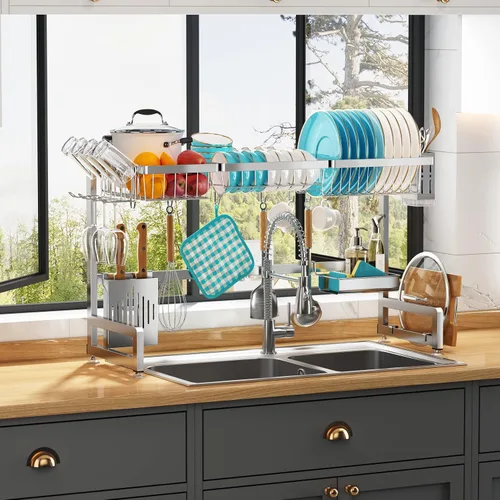 Vista 8 de BOOSINY Over The Sink Dish Drying Rack with Utensil and Cup Holder Negro