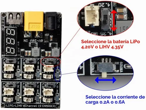 Vista 2 de AKK 1S LiPo LiHV Tablero de carga de batería Micro JST 1.25 y JST-PH 2.0 2-6S Entrada LiPo Batería Drone Cargador para Blade Inductrix Tiny Whoop