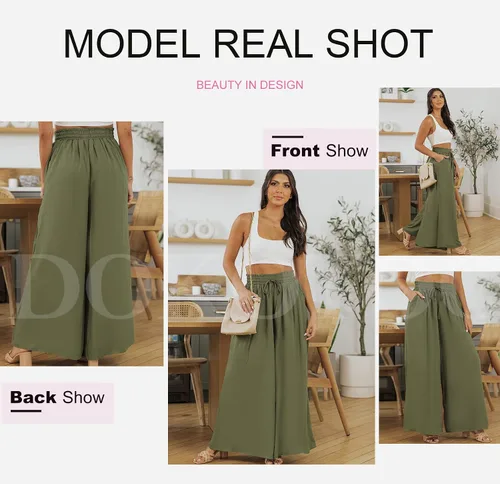 Vista 6 de Dokotoo Pantalones para mujer con cintura elástica y pierna ancha con bolsillos