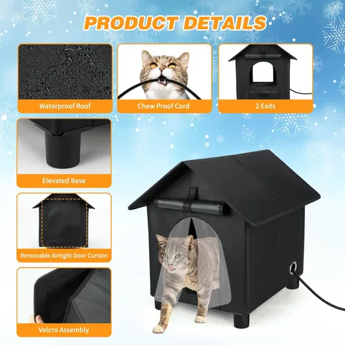 Vista 5 de Casas térmicas para gatos en invierno, impermeables, casa para gatos con calefacción elevada, aislada, exterior, refugio con puerta de escape