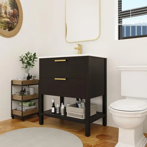 Vista 7 de Tocador de baño negro de 30 pulgadas con fregadero, tocador de baño independiente, tocador de baño, armario de tocador, 2 cajones y 1 estante abierto