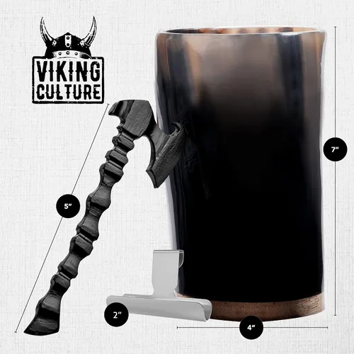 Vista 5 de Viking Culture Horn Mead Cup - Vaso de bebida de inspiración nórdica Copa hecha a mano para vino Beer Ale – Regalo seguro y único con abrebotellas
