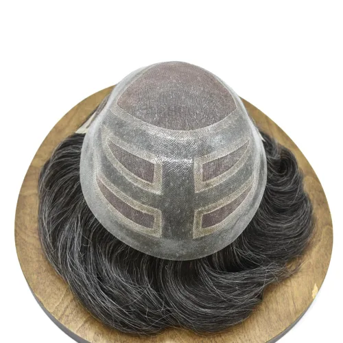 Vista 4 de Toupee - Piezas de pelo para hombres, cabello humano real, sistema de reemplazo de cabello francés, encaje francés, extensiones de cabello