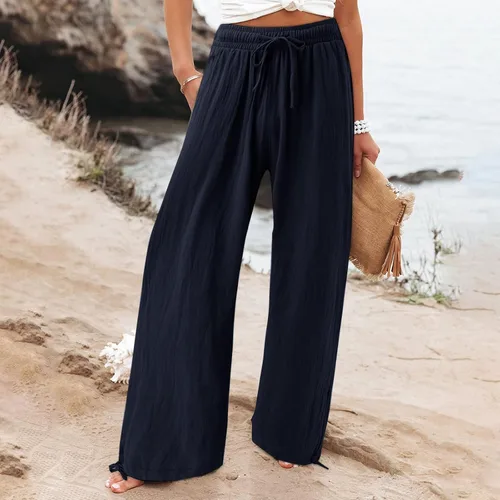 Vista 2 de Pantalones de lino para mujer, de verano, de cintura alta, pierna ancha, estilo casual, cintura elástica, pantalones palazzo, pantalones bohemios