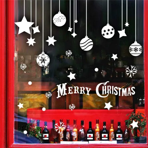 Vista 4 de Calcomanías de ventana de Navidad, adhesivos de ventana de invierno, decoraciones de copos de nieve de estrella blanca, calcomanía navideña navideña