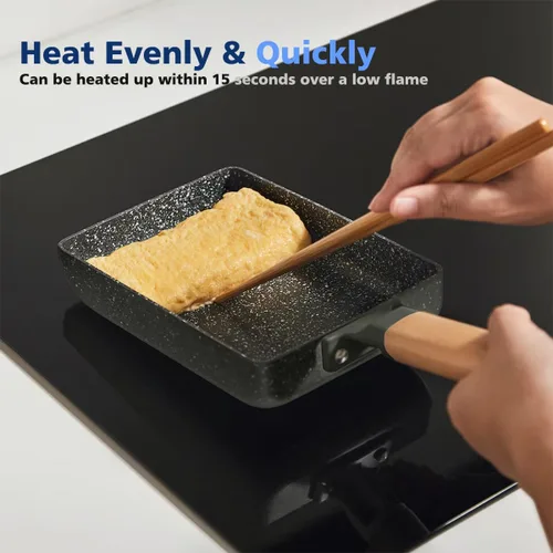 Vista 2 de Sartén cuadrada con revestimiento cerámico japonés Tamagoyaki para tortilla, pequeña sartén rectangular antiadherente con asa de madera (Gris oscuro)