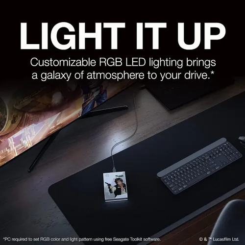 Vista 7 de Seagate Han Solo SE FireCuda - Disco duro externo de 2 TB - USB 32 iluminación LED RGB personalizable blanco funciona con PC Mac Playstation y Xbox