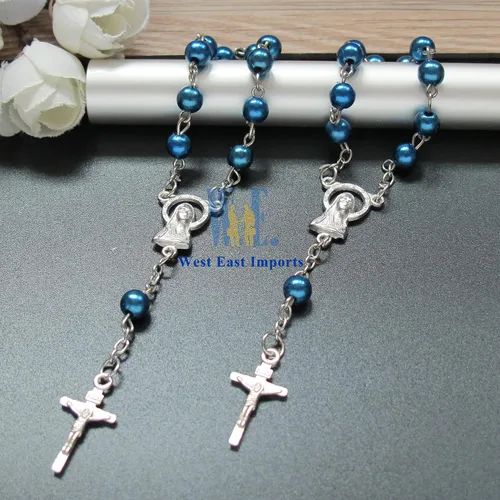 Vista 5 de WE Bautismo Favores Mini Rosarios para niño - (24 unidades) Cuentas Azul Marino con Acentos Plateados - Recuerditos De Bautismo - Rosarios de Dedo