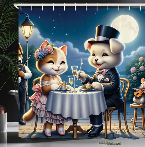 Vista 6 de Ambesonne Cortina de ducha de gato, diseño bohemio de estilo étnico con poses de gatitos sentados y acostados, juego de decoración de baño de tela