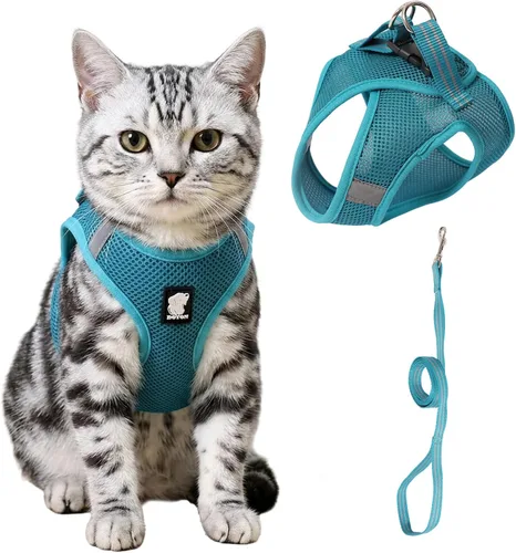 Vista 10 de Heywean Arnés y correa para gatos a prueba de escape, suave malla transpirable chaleco para caminar para gatitos, juego de arnés ajustable con tira