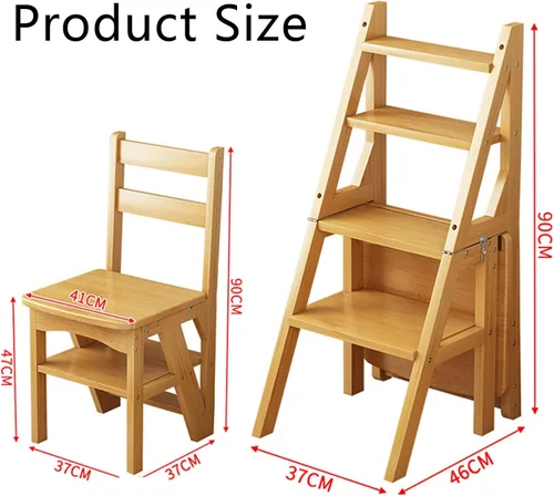 Vista 3 de Silla plegable de madera para biblioteca, 2 en 1, taburete ligero portátil multifuncional, taburete de 4 escalones de doble propósito, soporte