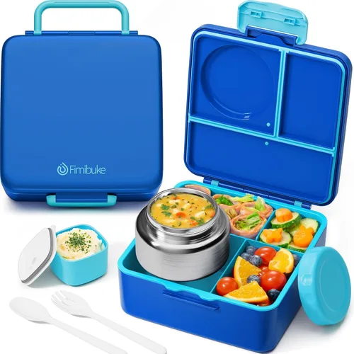 Vista 12 de Fimibuke Lonchera Bento para Niños y Adultos, Contenedor de Lonchera para Niños Pequeños de 3-4 Compartimentos 60OZ con Frasco de Comida Aislado a