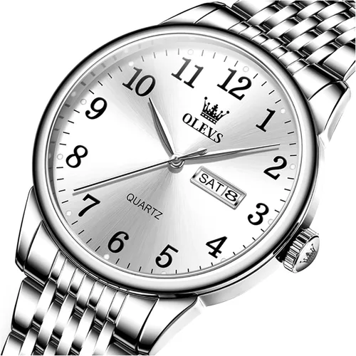Vista 6 de OLEVS Reloj plateado para hombre, de acero inoxidable, impermeable, fácil de leer, con números arábigos, Azul, Negocio