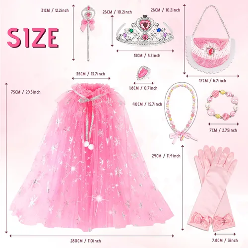 Vista 6 de kidzkube Ropa de princesa para niña, juego de capa de princesa con corona, vestidos de princesa para regalo de cumpleaños de niña