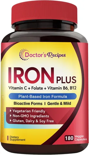 Vista 11 de Doctor's Recipes Suplemento de hierro para mujeres y hombres – Bisglicinato de hierro suave con vitamina C, B6, folato y B12, pastillas de hierro