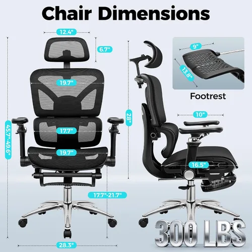 Vista 2 de Ergonomic Mesh Office Chair with Footrest, Big and Tall Home Desk Chair with 5D Flip-Up Arms, Adjustable Lumbar Support, Gaming & Executive Computer