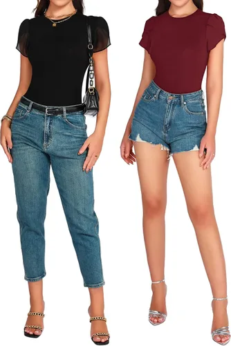 Vista 4 de MANGOPOP Body de manga corta para mujer, cuello redondo, blusas para salir
