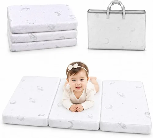 Vista 9 de Colchón triple Pack and Play, colchón de espuma viscoelástica de 38 x 26 pulgadas y espuma de alta densidad para Pack N Play, colchones plegables