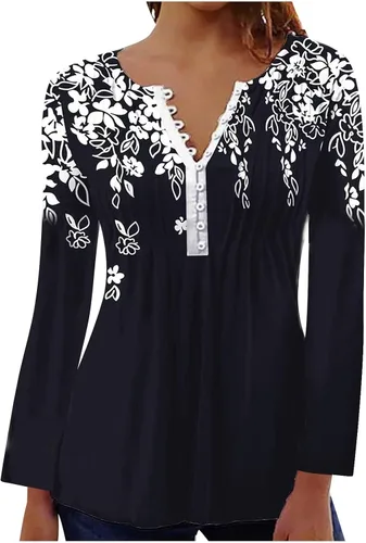 Vista 2 de Blusa de manga larga para mujer, estilo vintage, estampado floral, con botones, informal, holgada, cómoda, para otoño