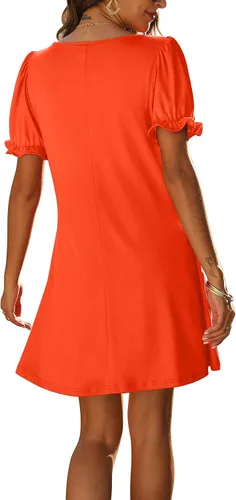 Vista 3 de Aloodor Vestido casual de manga cortalarga con cuello en V y bolsillos para mujer
