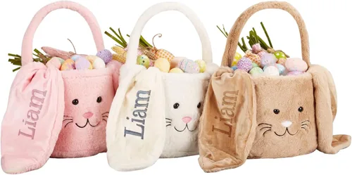 Vista 2 de Cesta de Pascua personalizada de conejo, cesta de Pascua de piel con nombre, cubo de Pascua de felpa, bolsa de regalo de Pascua personalizada