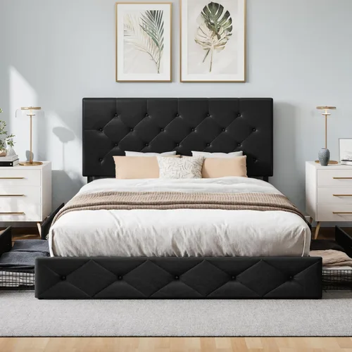 Vista 78 de WEEWAY Base de cama de plataforma tamaño King con 4 cajones de almacenamiento, cabecera capitonada con botones de costura de diamante, base de Negro