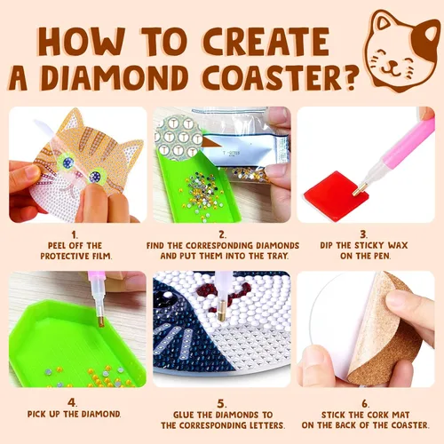 Vista 3 de Insnug Juego de 10 posavasos de pintura de diamantes, con temática de gato, kits de pintura para niños y adultos, puntos, artes y manualidades, kits