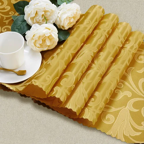 Vista 4 de Manyshofu 5 caminos de mesa de satén dorado – 12 x 108 pulgadas, decoración de damasco, impresión jacquard brillante y suave de boda para banquetes