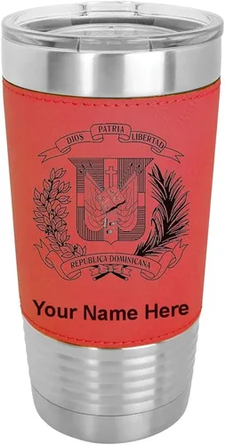 Vista 18 de LaserGram Vaso aislado al vacío de 20 onzas, escudo de armas, República Dominicana, grabado personalizado incluido (piel sintética, estilo béisbol)