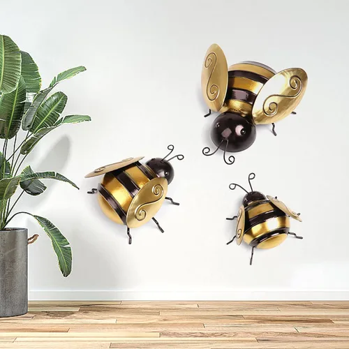 Vista 7 de Queemie® Bonito juego de 3 decoraciones de pared de abejas de jardín de metal, coloridas estatuas de abeja al aire libre, esculturas de pared