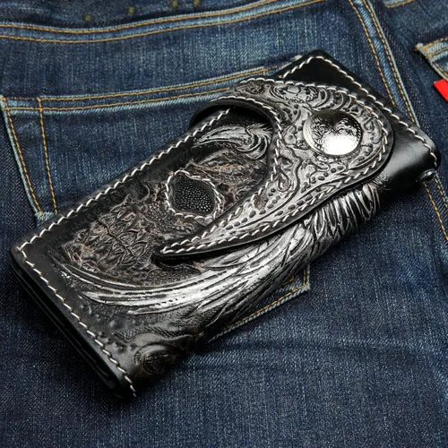 Vista 2 de Cartera de cuero real Harley Indian para hombre motorista para cadena