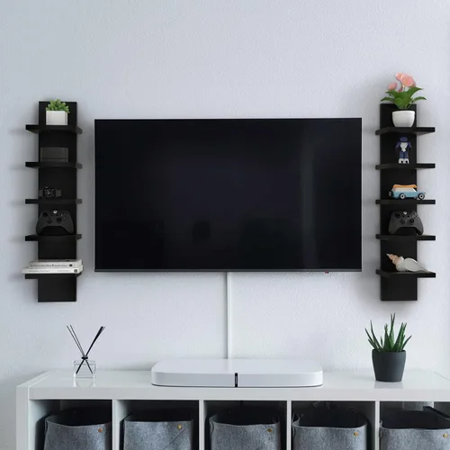 Vista 7 de Estantes de pared de 5 niveles en negro, estante de columna vertical flotante, organizador de almacenamiento para decoración del hogar, diseño