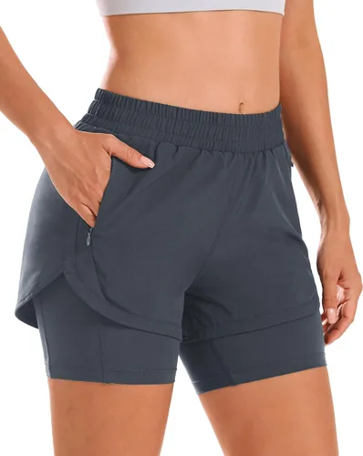 Vista 9 de Stelle Pantalones cortos de correr 2 en 1 para mujer, pantalones cortos deportivos de cintura alta, pantalones cortos de entrenamiento con forro