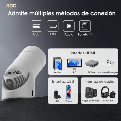 Vista 6 de AOC Mini proyector con WiFi y Bluetooth, proyector inteligente Full HD 4K compatible con ajuste de rotación de 180°, 220 ANSI, 8000 lúmenes