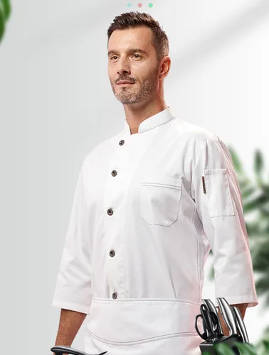Vista 2 de Men Stand-Up Collar Chef Coat 34 Sleeve Lightweight Chef Jacket Chef Uniform With 2-Pockets Professional